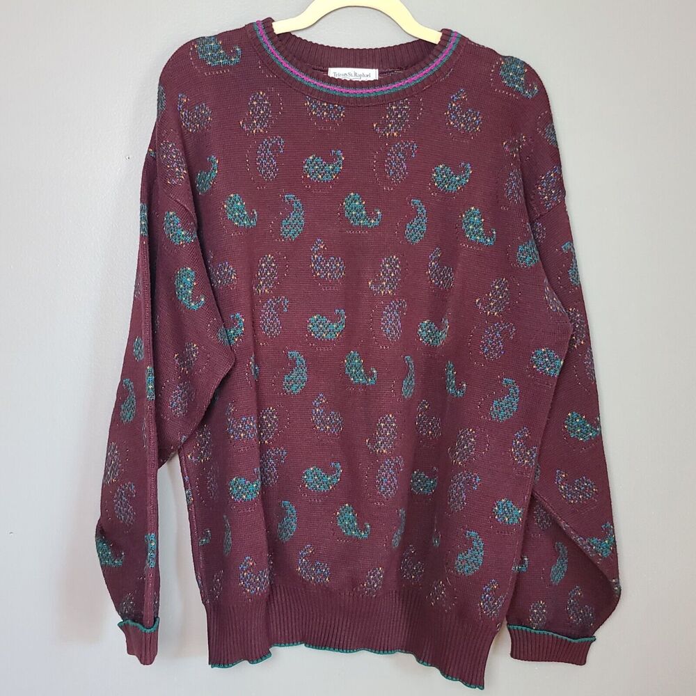 Vintage Tricots St Raphael Men's Crew Neck‎ Knit Sweater Burgundy Green L